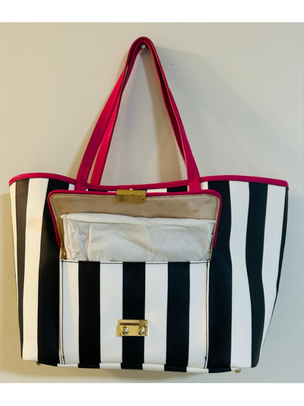 Vintage Y2K Juicy Couture Black White Striped Tote Hot Pink Heart Charm